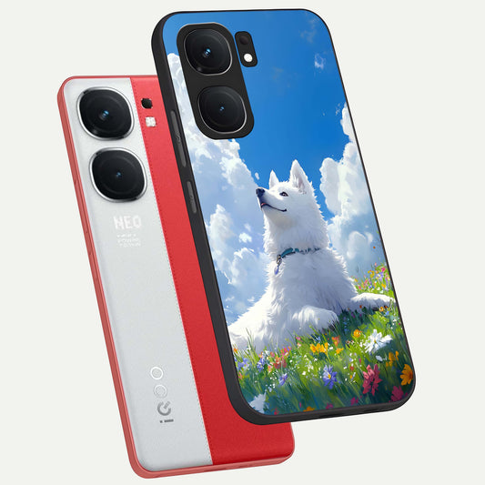 Blissful Cloud Pup phone case For iQOO Neo 9 Pro showing premium glass back cover with detailed artwork