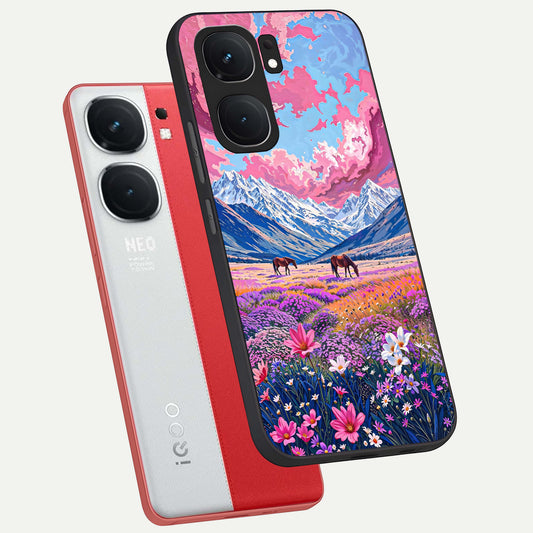 Blossom Valley Dream phone case For iQOO Neo 9 Pro showing premium glass back cover with detailed artwork