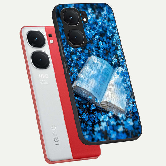 Blue Bloom Tales phone case For iQOO Neo 9 Pro showing premium glass back cover with detailed artwork