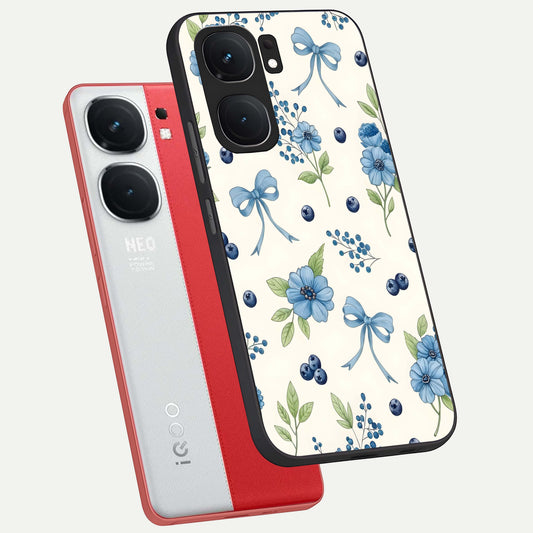 Blue Flower And Bow phone case For iQOO Neo 9 Pro showing premium glass back cover with detailed artwork