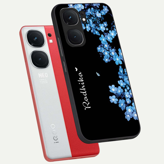 Blue Petal Dream Custom Name phone case For iQOO Neo 9 Pro showing premium glass back cover with detailed artwork
