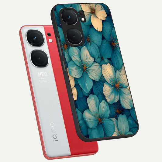 Blue Shade Floral phone case For iQOO Neo 9 Pro showing premium glass back cover with detailed artwork