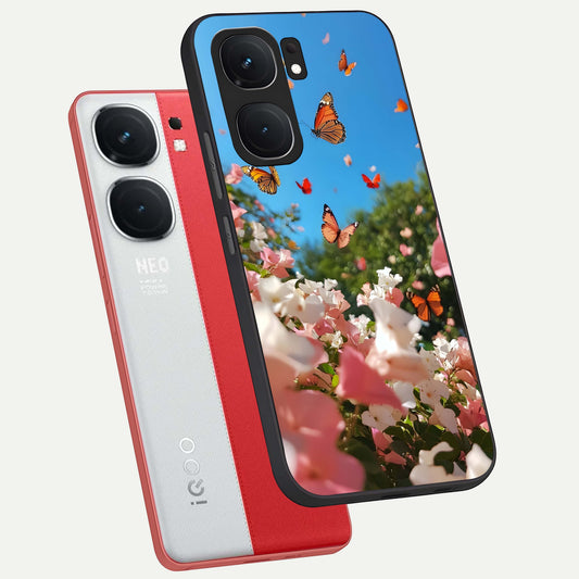 Butterflies In Bloom Sky phone case For iQOO Neo 9 Pro showing premium glass back cover with detailed artwork