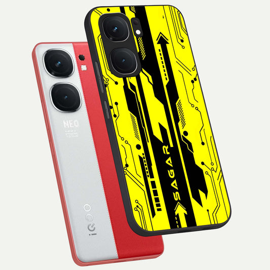 Electric Pulse CYBERPUNK Custom Name phone case For iQOO Neo 9 Pro showing premium glass back cover with detailed artwork
