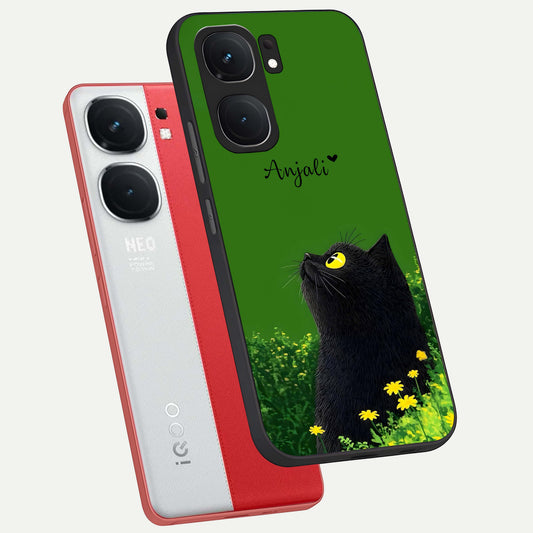 Emerald Cat Custom Name phone case For iQOO Neo 9 Pro showing premium glass back cover with detailed artwork