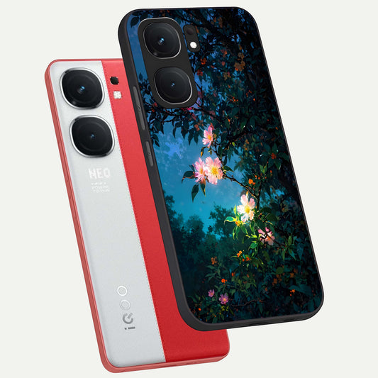 Midnight Bloom Glow phone case For iQOO Neo 9 Pro showing premium glass back cover with detailed artwork