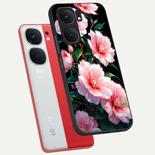 Peach Flower phone case For iQOO Neo 9 Pro showing premium glass back cover with detailed artwork
