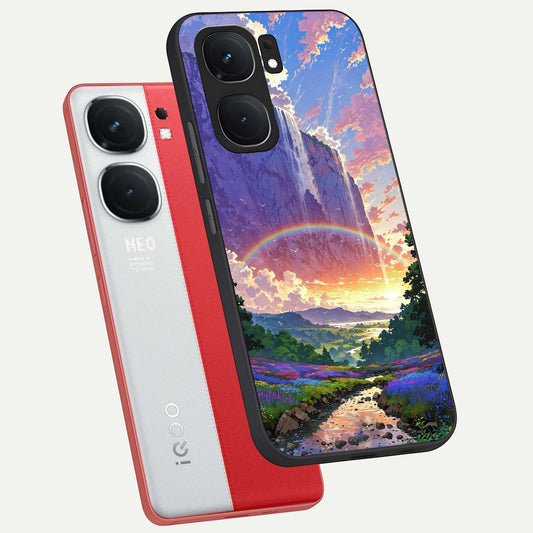 Rainbow Valley Dream phone case For iQOO Neo 9 Pro showing premium glass back cover with detailed artwork