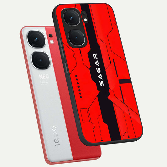 Voltage Rise CYBERPUNK Custom Name phone case For iQOO Neo 9 Pro showing premium custom name glass back cover