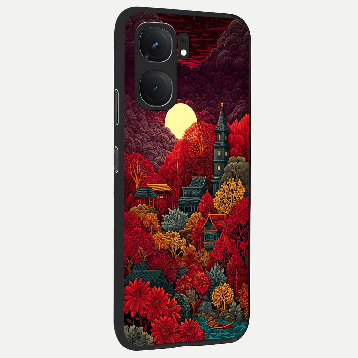 Scarlet Autumn Temple back cover For iQOO Neo 9 Pro slim fit glass case with vibrant aesthetic design