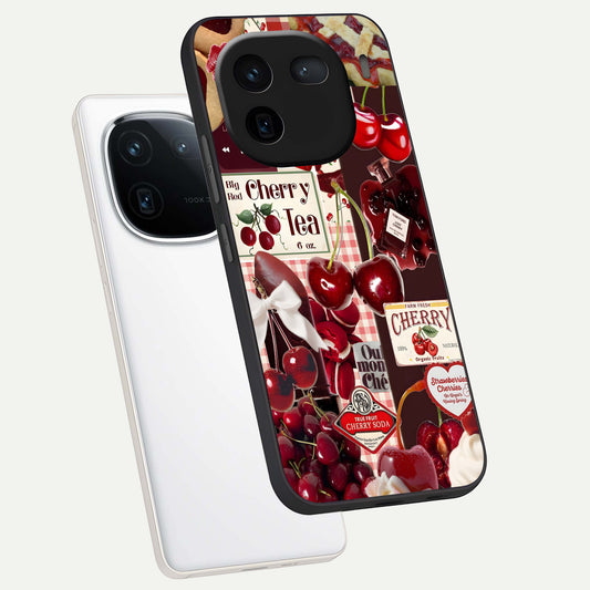 Aesthetic Cherry Tea phone case For iQOO 12 5G showing premium glass back cover with detailed artwork