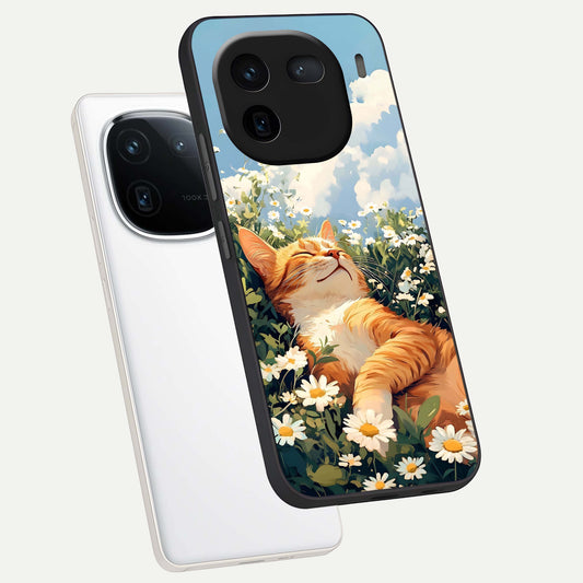 Cat And Flowers View phone case For iQOO 12 5G showing premium glass back cover with detailed artwork