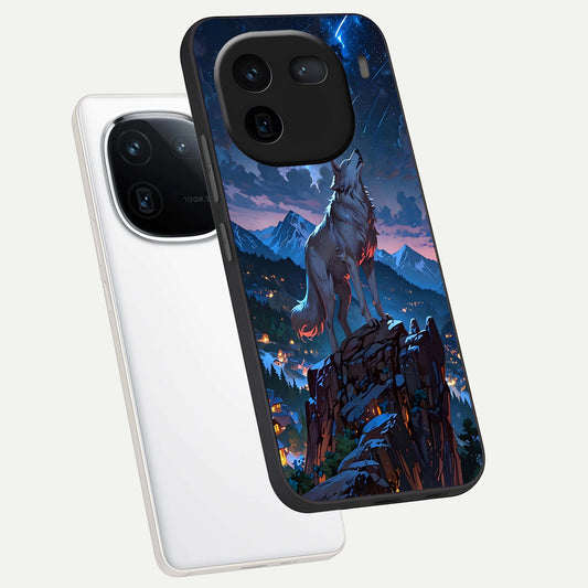 Celestial Wolf Howl phone case For iQOO 12 5G showing premium glass back cover with detailed artwork