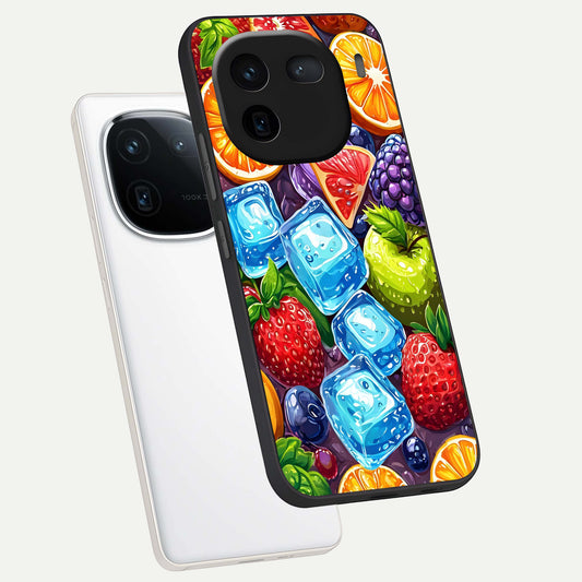 Colorful Fruits with Ice phone case For iQOO 12 5G showing premium glass back cover with detailed artwork