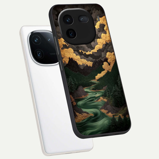 Golden River Moon phone case For iQOO 12 5G showing premium glass back cover with detailed artwork