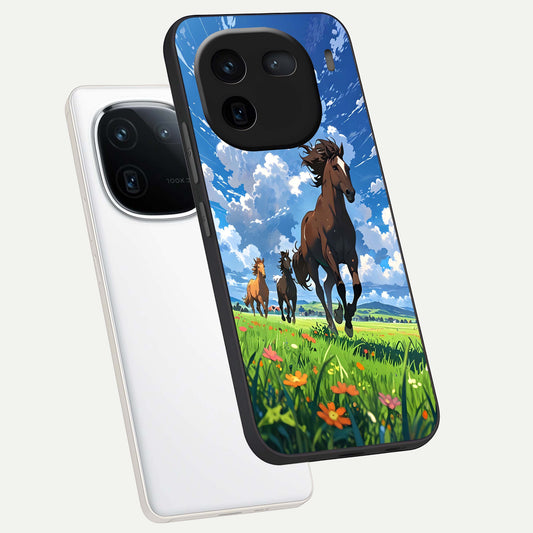 Majestic Horses Galloping phone case For iQOO 12 5G showing premium glass back cover with detailed artwork