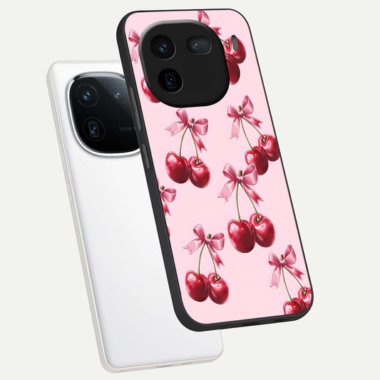 Red Cherries Pattern phone case For iQOO 12 5G showing premium glass back cover with detailed artwork