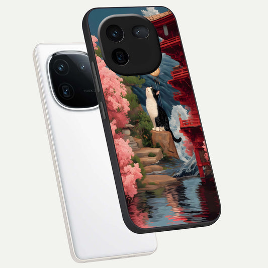 Temple Cat Scenery phone case For iQOO 12 5G showing premium glass back cover with detailed artwork