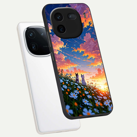 Two Cats Friends phone case For iQOO 12 5G showing premium glass back cover with detailed artwork