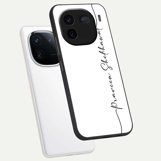 White Tune Custom Name phone case For iQOO 12 5G showing premium custom name glass back cover