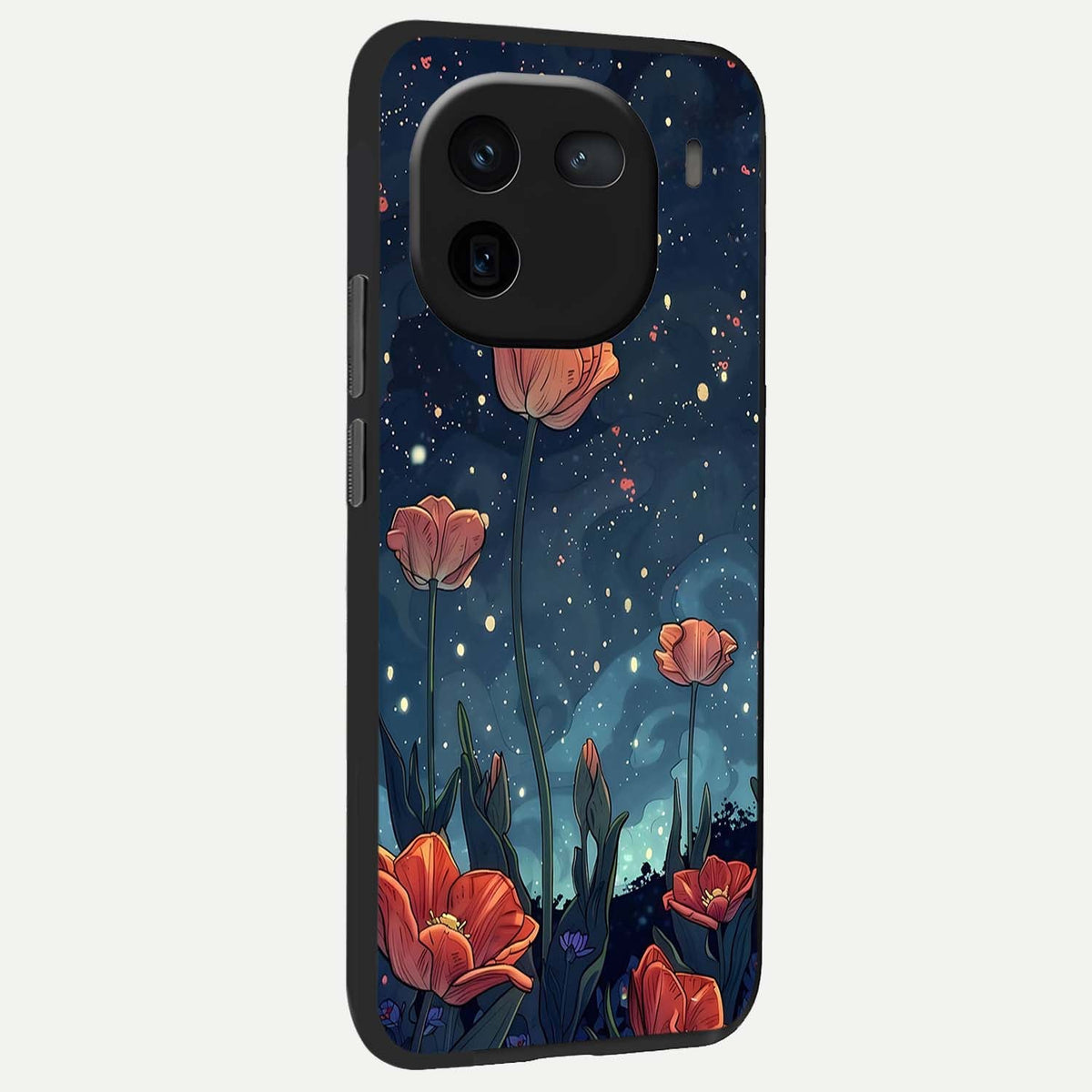 Midnight Tulip Glow back cover For iQOO 12 5G slim fit glass case with vibrant aesthetic design