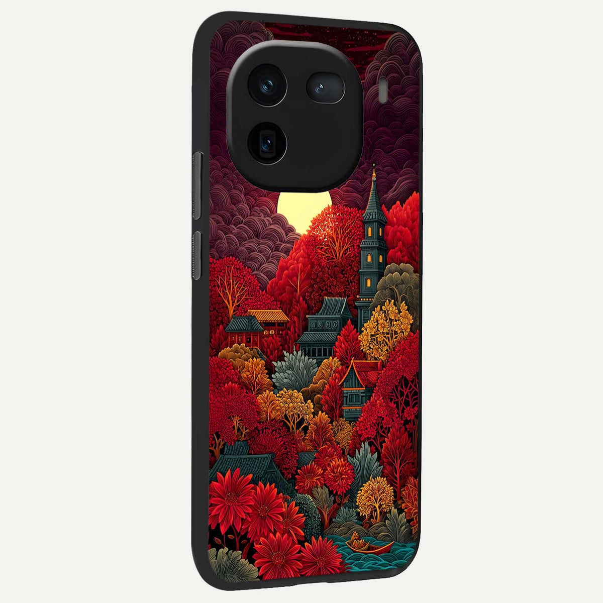 Scarlet Autumn Temple back cover For iQOO 12 5G slim fit glass case with vibrant aesthetic design
