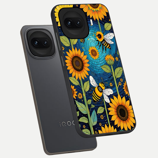 Bees And Sunflowers phone case for iQOO 15R showing premium glass back cover with detailed artwork