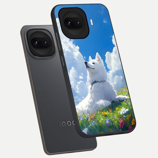 Blissful Cloud Pup phone case for iQOO 15R showing premium glass back cover with detailed artwork
