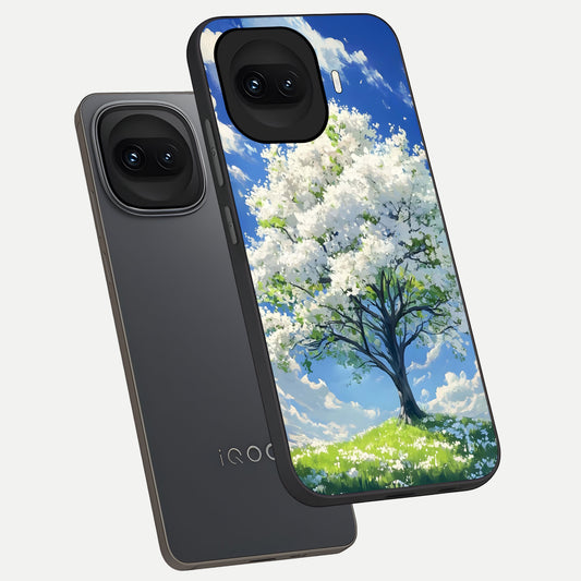 Blossom Sky Serenity phone case for iQOO 15R showing premium glass back cover with detailed artwork