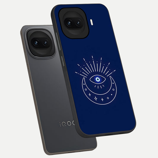 Blue Evil Eye phone case for iQOO 15R showing premium glass back cover with detailed artwork