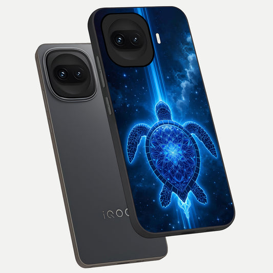 Blue Galaxy Turtle phone case for iQOO 15R showing premium glass back cover with detailed artwork