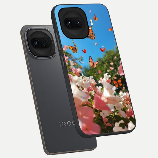 Butterflies In Bloom Sky phone case for iQOO 15R showing premium glass back cover with detailed artwork