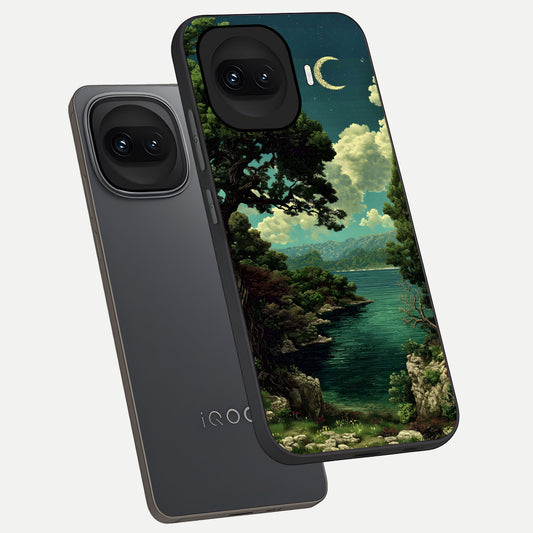 Celestial Lake Peace phone case for iQOO 15R showing premium glass back cover with detailed artwork