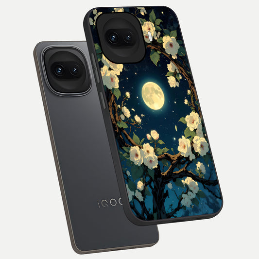 Celestial Moon And Flower phone case for iQOO 15R showing premium glass back cover with detailed artwork