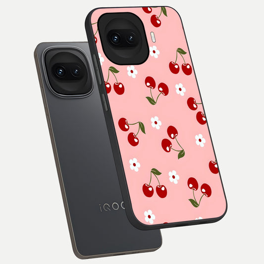 Cherry Love Mood phone case for iQOO 15R showing premium glass back cover with detailed artwork
