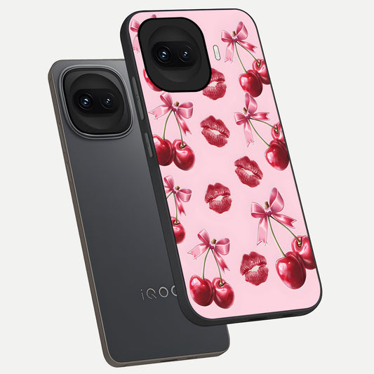 Cherry With Lips phone case for iQOO 15R showing premium glass back cover with detailed artwork