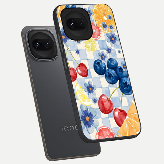 Citrus Bloom Joy phone case for iQOO 15R showing premium glass back cover with detailed artwork