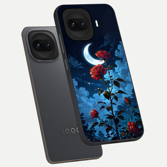 Crimson Rose Moon phone case for iQOO 15R showing premium glass back cover with detailed artwork