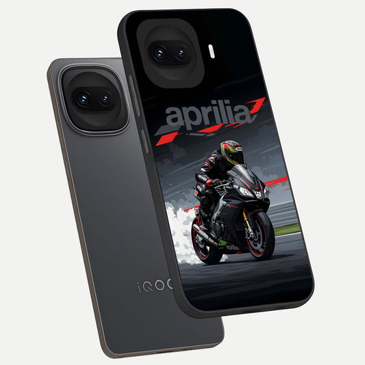 Dark Aprilla phone case for iQOO 15R showing premium glass back cover with detailed artwork