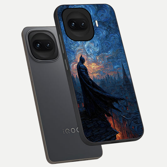 Dark Knight Dusk phone case for iQOO 15R showing premium glass back cover with detailed artwork