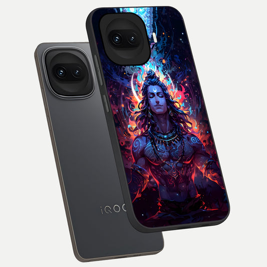 Divine Fire Shiv phone case for iQOO 15R showing premium glass back cover with detailed artwork