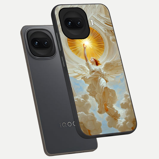 Divine Light Angel phone case for iQOO 15R showing premium glass back cover with detailed artwork