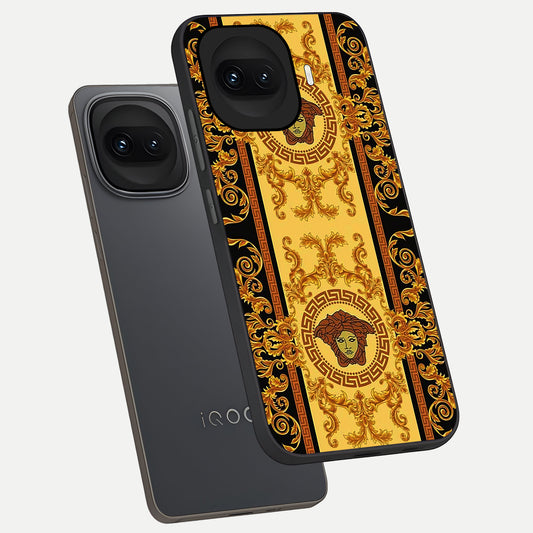 Golden Royal Heritage phone case for iQOO 15R showing premium glass back cover with detailed artwork