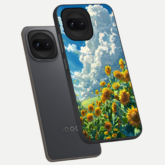 Golden Sun Glory phone case for iQOO 15R showing premium glass back cover with detailed artwork