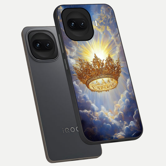 Heavenly Crown Light phone case for iQOO 15R showing premium glass back cover with detailed artwork