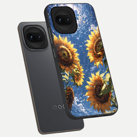 Heavenly Sunflower Rise phone case for iQOO 15R showing premium glass back cover with detailed artwork