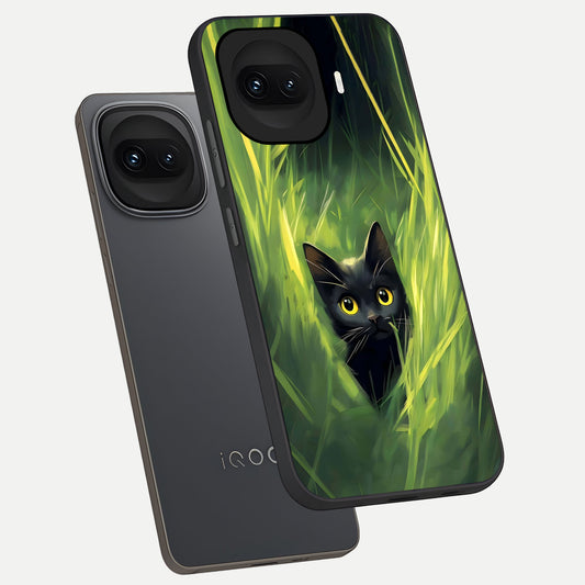 Hidden Cat Whisper phone case for iQOO 15R showing premium glass back cover with detailed artwork