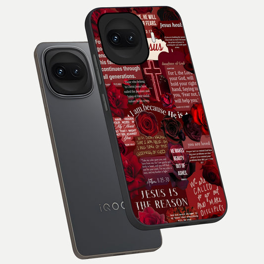 Jesus Love Heals phone case for iQOO 15R showing premium glass back cover with detailed artwork