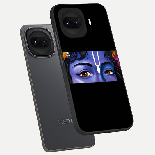 Krishna Eye phone case for iQOO 15R showing premium glass back cover with detailed artwork