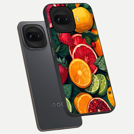 Multiple Fruits phone case for iQOO 15R showing premium glass back cover with detailed artwork